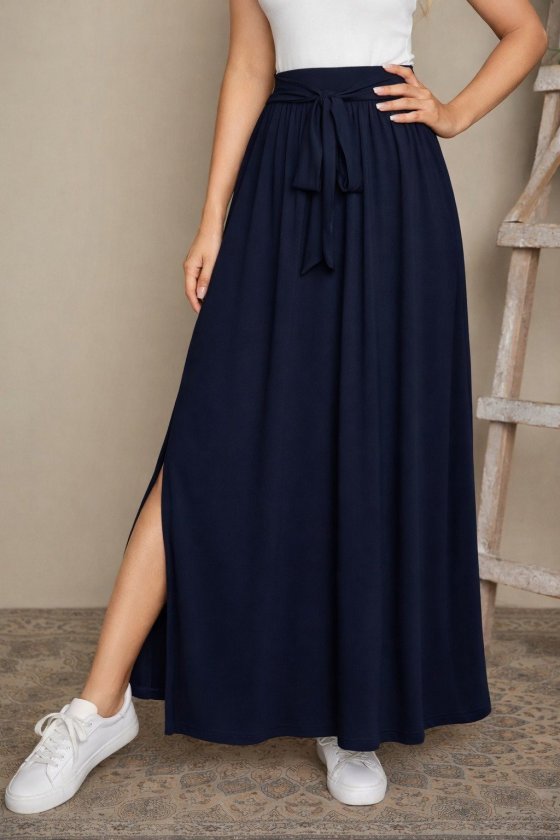 Kadın Yüksek Bel Bei Kuşaklı Yandan Yırtmaçlı Uzun Sandy Etek