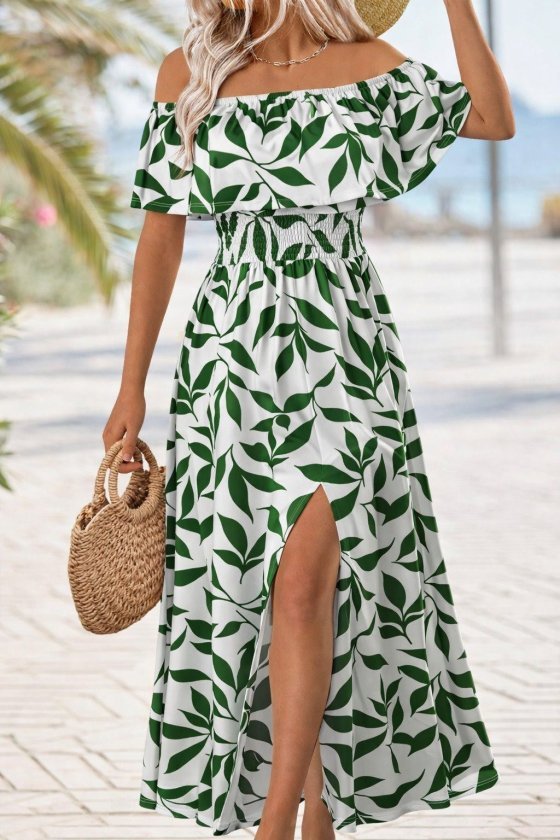 Kadın Madonna Yaka Göğüs Lastikli Yırtmaçlı Uzun Desenli Süprem Elbise