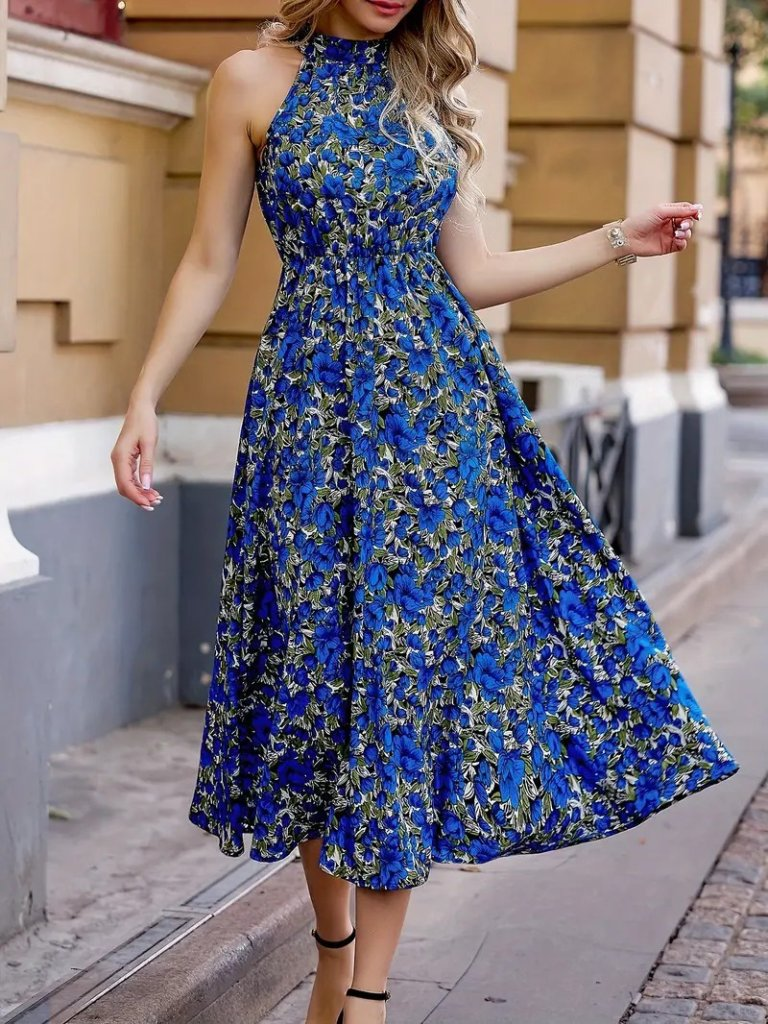 Kadın Omuz Dekolteli Halter Yaka Desenli Maxi Süprem Elbise