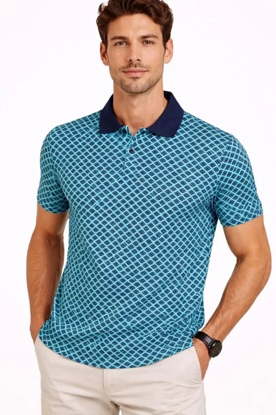 Erkek Pike Kumaş Polo Yaka Desenli Tişört Kısa Kol Yazlık T-Shirt