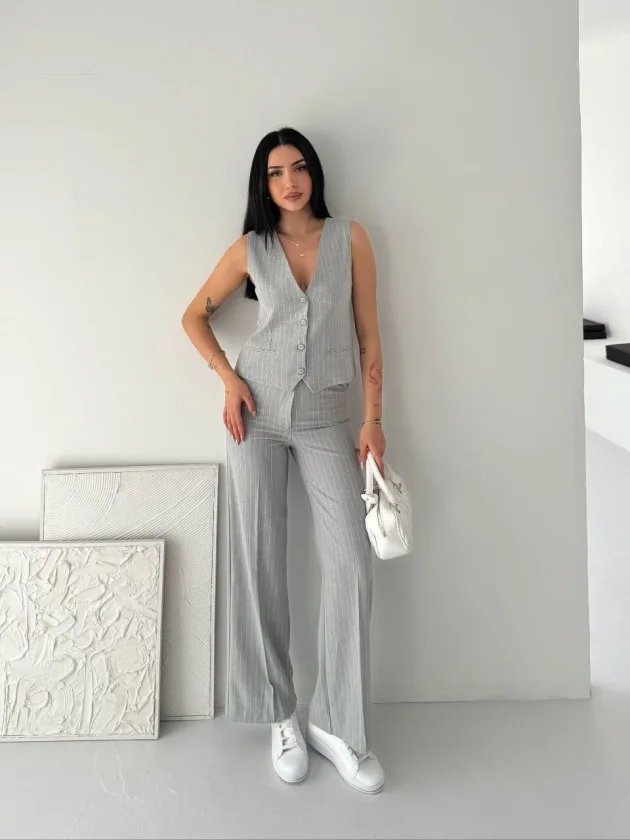 Çizgili Tansel Kumaş Yelek Pantolon İkili Takım Ofis Şık Modern