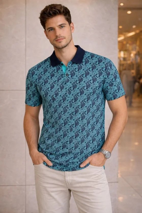 Erkek Pike Kumaş Polo Yaka Palmiye Desenli Tişört Kısa Kol Yazlık T-Shirt