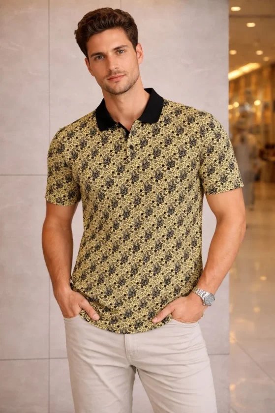 Erkek Pike Kumaş Polo Yaka Palmiye Desenli Tişört Kısa Kol Yazlık T-Shirt