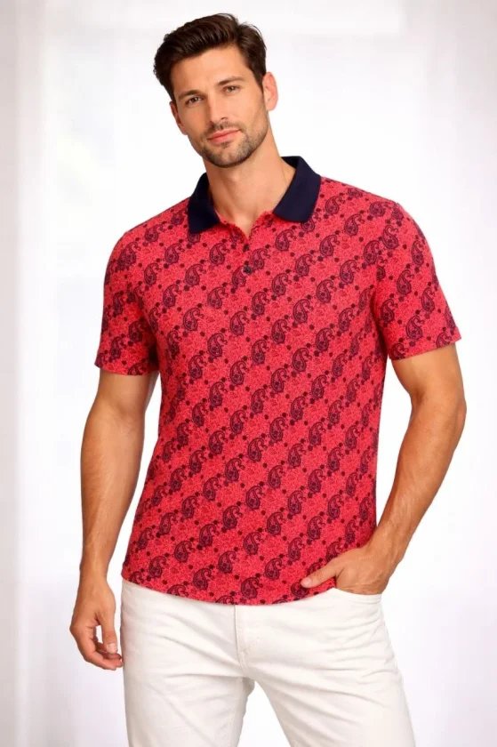 Erkek Pike Kumaş Polo Yaka Palmiye Desenli Tişört Kısa Kol Yazlık T-Shirt