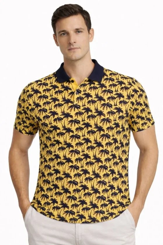Erkek Pike Kumaş Polo Yaka Palmiye Desenli Tişört Kısa Kol Yazlık T-Shirt