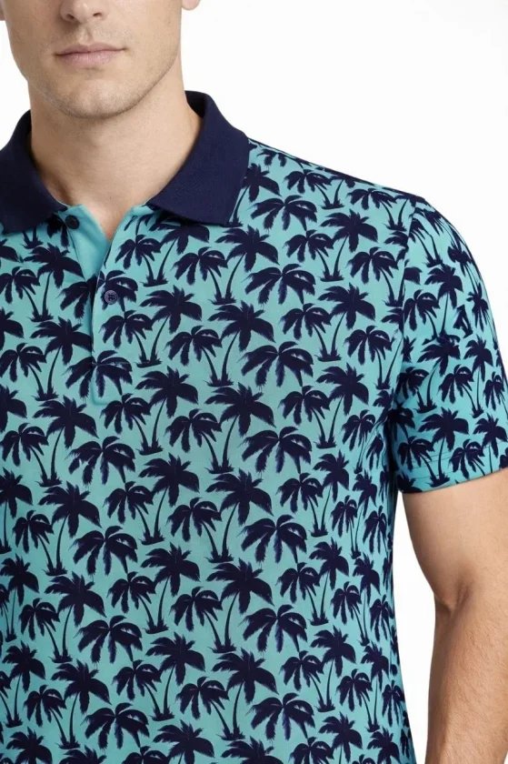 Erkek Pike Kumaş Polo Yaka Palmiye Desenli Tişört Kısa Kol Yazlık T-Shirt