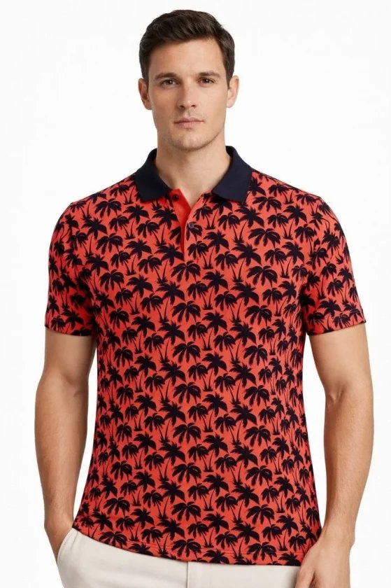 Erkek Pike Kumaş Polo Yaka Palmiye Desenli Tişört Kısa Kol Yazlık T-Shirt