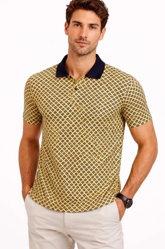 Erkek Pike Kumaş Polo Yaka Desenli Tişört Kısa Kol Yazlık T-Shirt