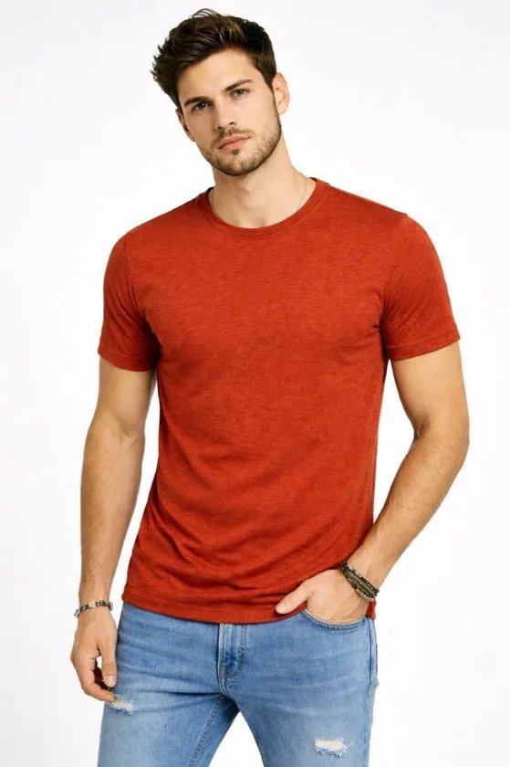 Erkek Flam Kumaş Melanj Dokulu Regular Fit Tişört Bisiklet Yaka Yazlık T-Shirt