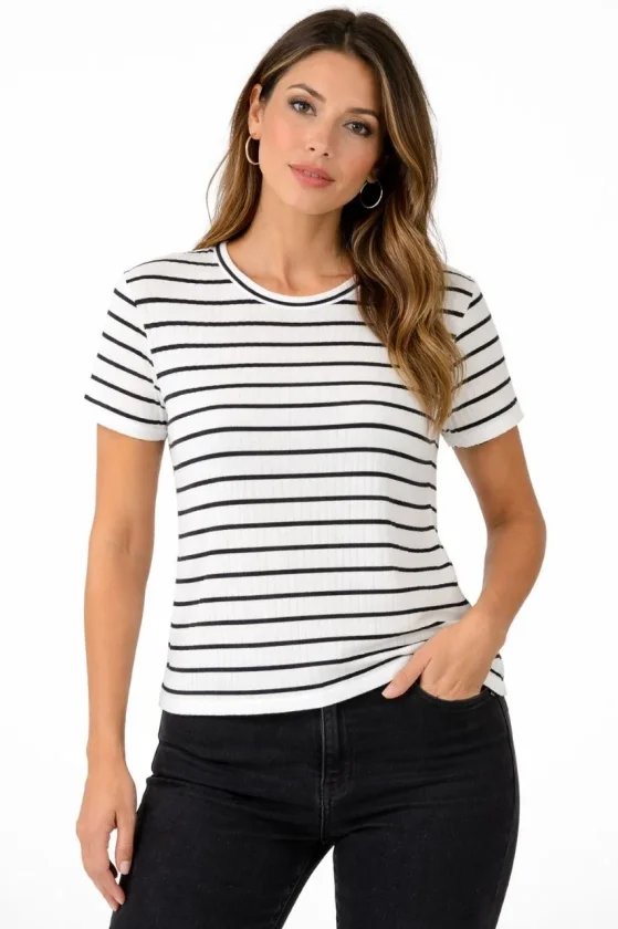 Çizgili Yazlık Triko T-Shirt Bisiklet Yaka Rahat Kalıp Tişört