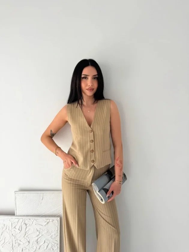 Çizgili Tansel Kumaş Yelek Pantolon İkili Takım Ofis Şık Modern