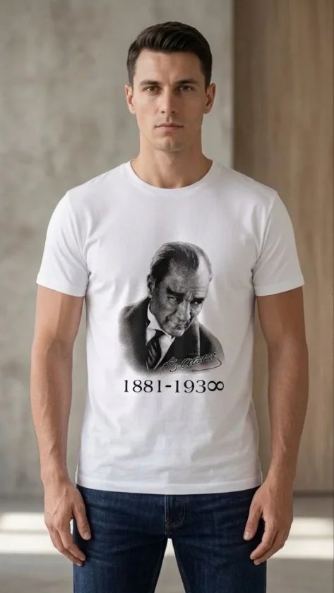 Erkek Atatürk Baskılı Tişört Kısa Kollu Bisiklet Yaka  T-Shirt