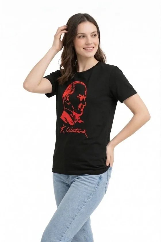 Atatürk Baskılı Tişört Kısa Kollu Bisiklet Yaka  T-Shirt