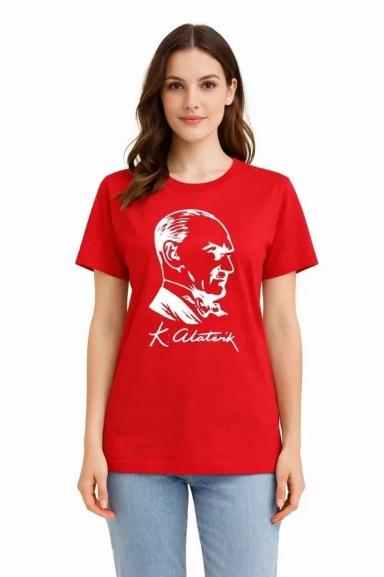 Atatürk Baskılı Tişört Kısa Kollu Bisiklet Yaka  T-Shirt