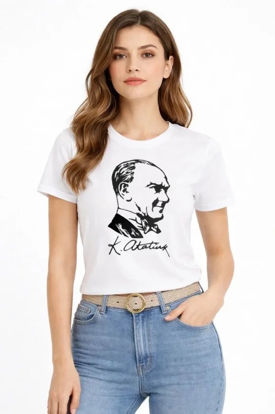Atatürk Baskılı Tişört Kısa Kollu Bisiklet Yaka T-Shirt