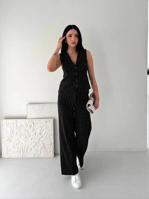 Çizgili Tansel Kumaş Yelek Pantolon İkili Takım Ofis Şık Modern