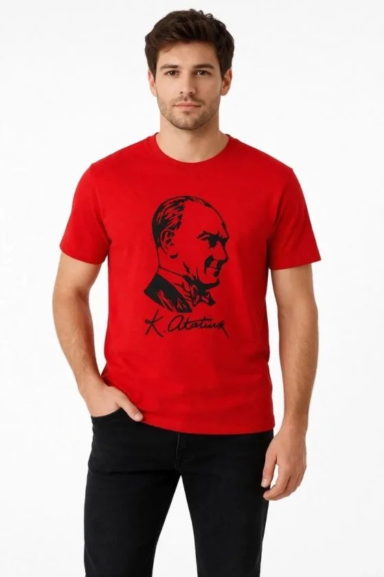 Erkek Atatürk Baskılı Tişört Kısa Kollu Bisiklet Yaka T-Shirt