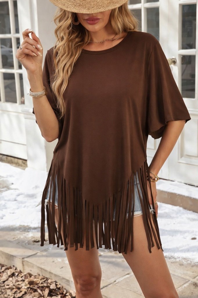 Kadın Kısa Kollu Bisiklet Yaka Püsküllü Viskon Bluz