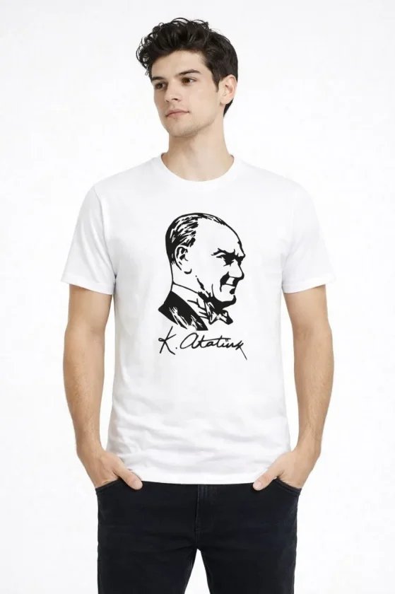 Erkek Atatürk Baskılı Tişört Kısa Kollu Bisiklet Yaka T-Shirt
