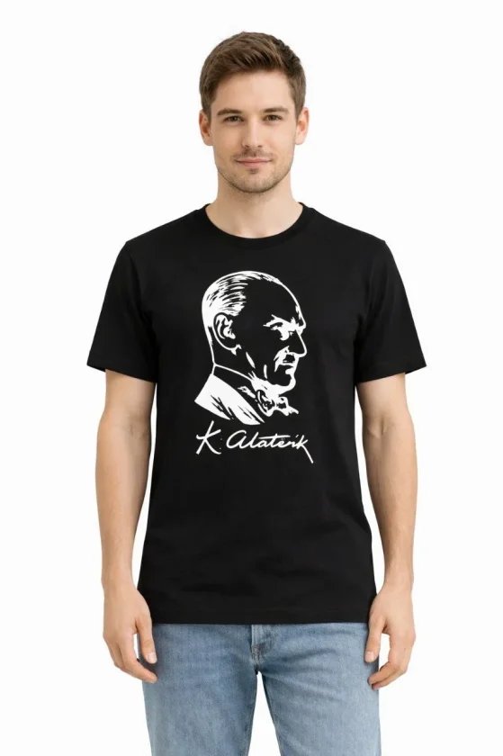 Erkek Atatürk Baskılı Tişört Kısa Kollu Bisiklet Yaka T-Shirt