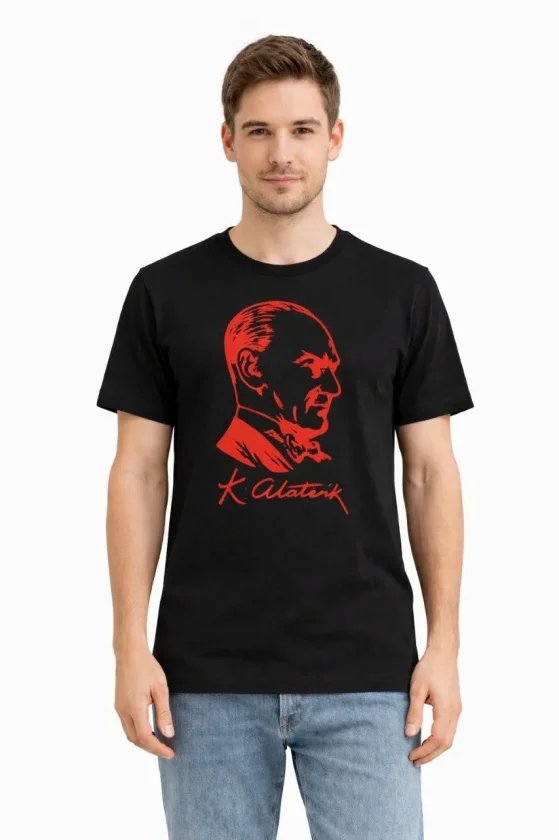 Erkek Atatürk Baskılı Tişört Kısa Kollu Bisiklet Yaka T-Shirt