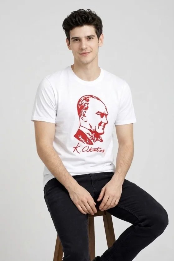 Erkek Atatürk Baskılı Tişört Kısa Kollu Bisiklet Yaka T-Shirt
