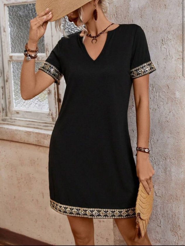 Şerit Detay V Yaka Yandan Cepli Viskon Elbise