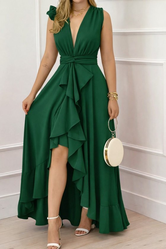 Kadın Askılı Kruvaze Yakalı önü Volanlı Uzun Krep Elbise