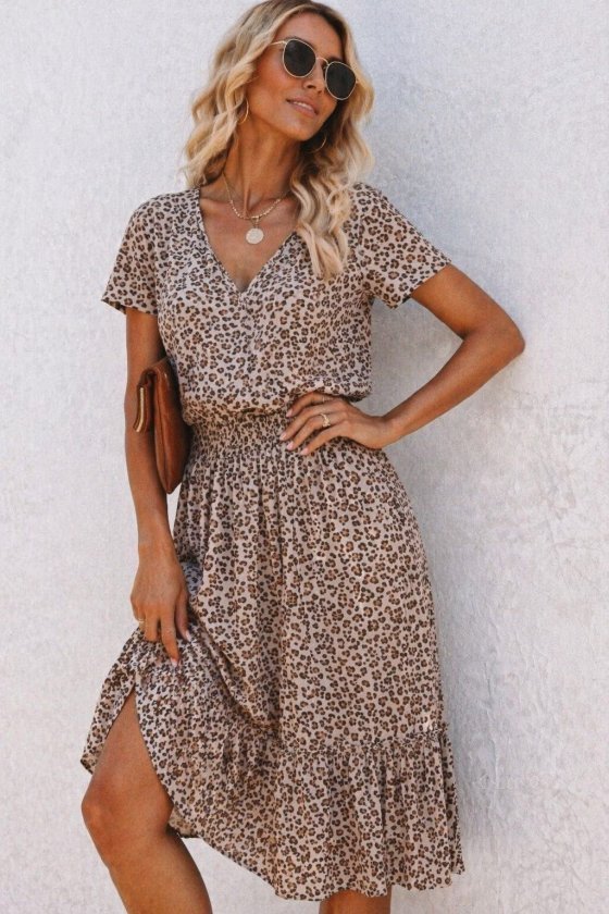 Kadın Kısa Kollu V Yakalı Beli Lastikli Midi Süprem Elbise