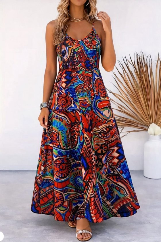 Kadın Askılı V Yakalı Desenli Uzun Süprem Elbise