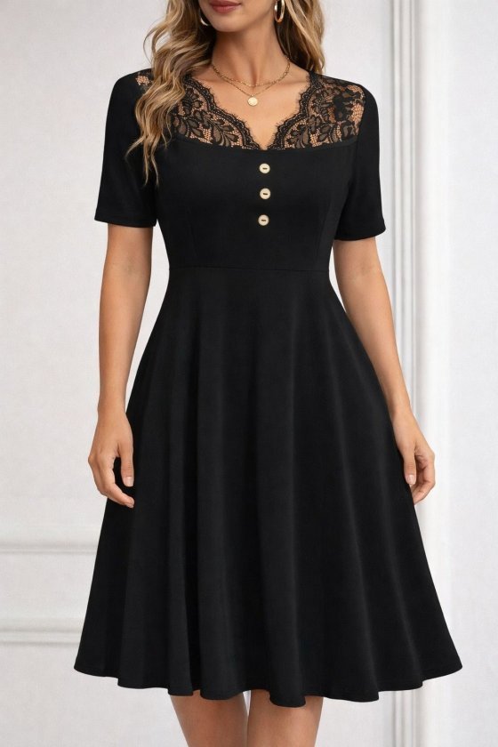 Kadın Kısa Kollu Dantel V Yakalı Düğmeli Kısa Janjan Krep Elbise