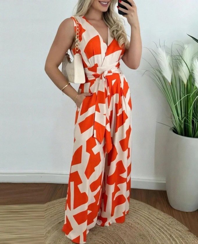 Kadın Askılı Kruvaze Yakalı Belden Kuşaklı Uzun Desenli Süprem Tulum