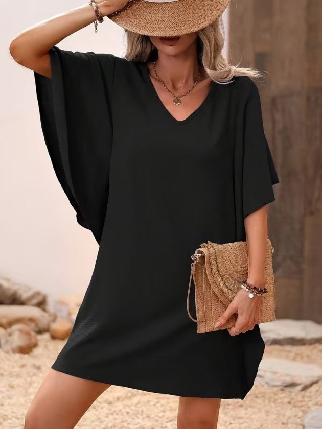 Kadın Kısa Kollu V Yakalı Yanları Volanlı Kısa Ithal Krep Elbise