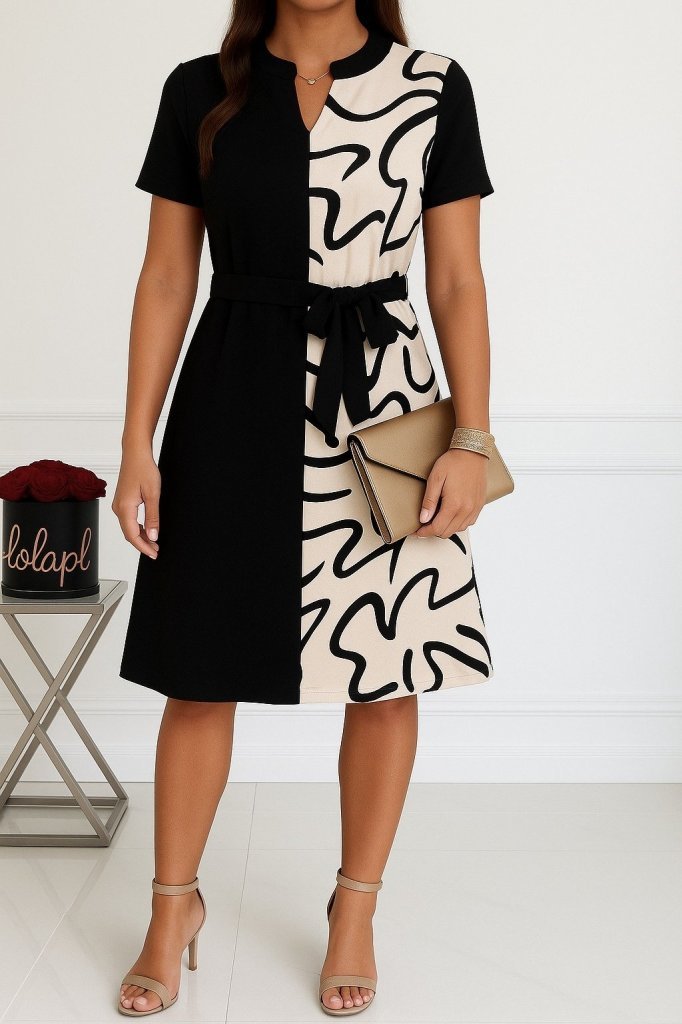 Kadın Kısa Kollu V Yakalı çift Renkli Desenli Beli Kuşaklı Atlas Elbise