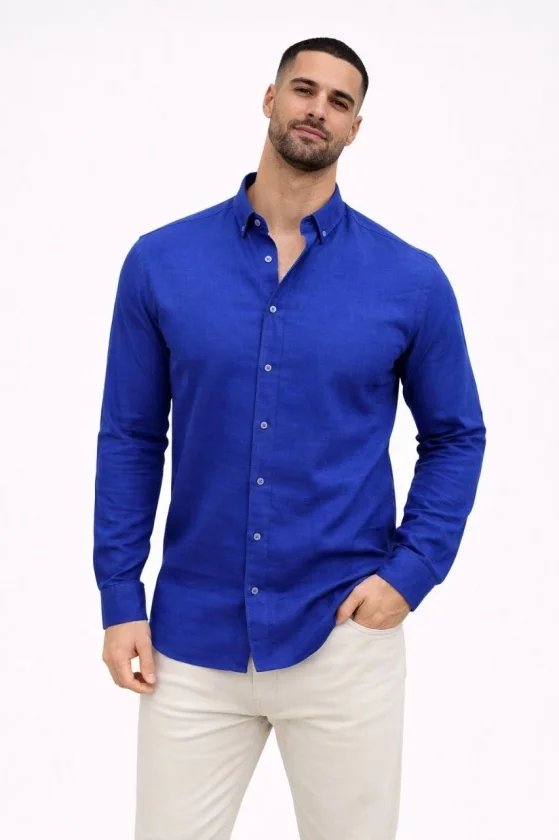 Erkek KETEN Kumaş Oversize Uzun Kollu Rahat Kalıp Gömlek