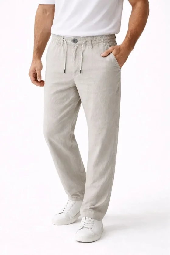 Erkek Keten Cepli Pantolon Lastikli Bel Bağcıklı Önden Fermuarlı