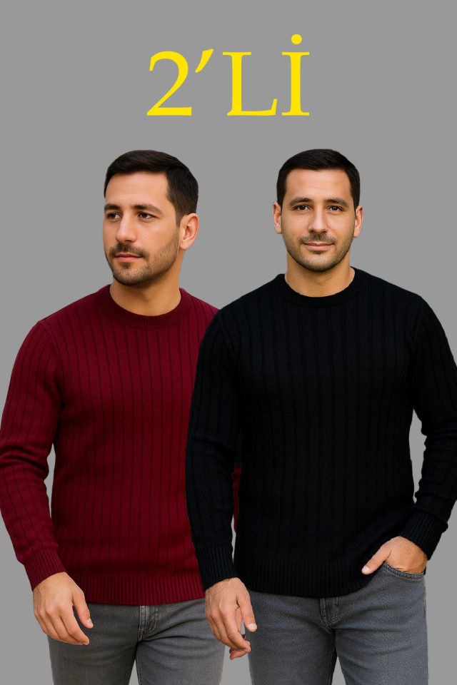Erkek Fitilli Triko Kazak 2’li Set – Siyah - Bordo, Kalın Dokuma Pamuklu Regular Fit Bisiklet Yaka Uzun Kollu Rahat Kışlık Kazak Kombini