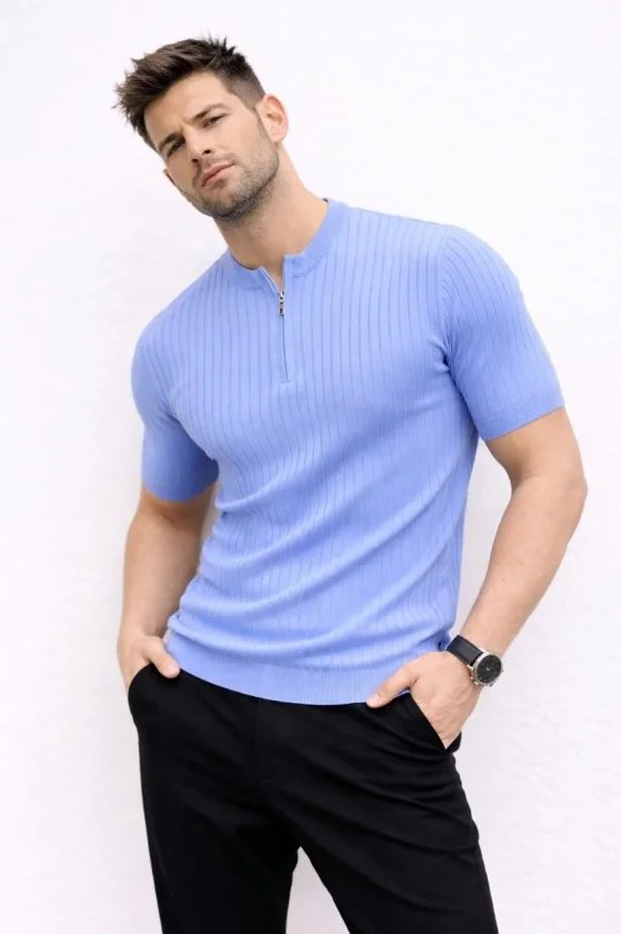 Erkek Kısa Kol Fitilli Triko T-Shirt Yazlık Hakim Yaka Tişört