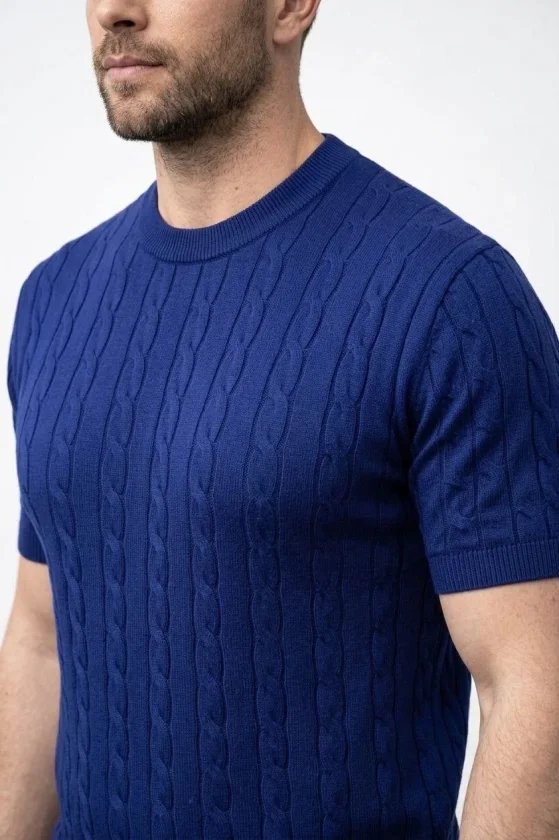 Erkek Yazlık Triko Dokuma Tişört Kısa Kol Bisiklet Yaka Örgü Desenli T-Shirt