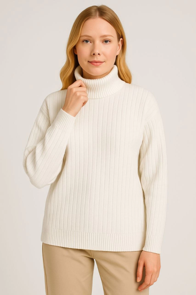 Balıkcı Yaka Bağazlı Triko Kazak Pamuklu Kalın Fitilli Dokuma