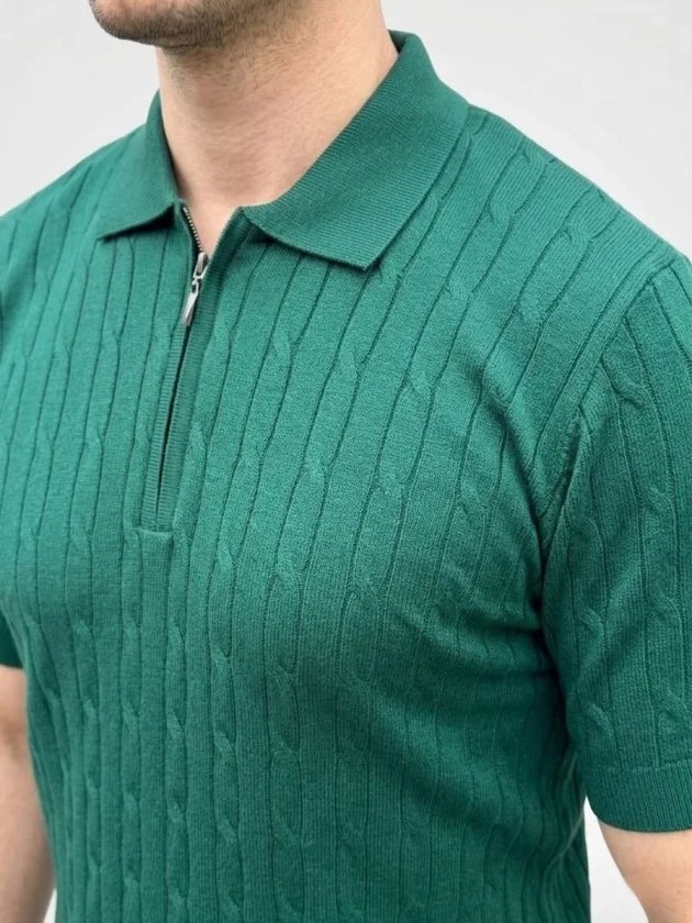 Erkek Yazlık Triko Saç Örgü Tişört Kısa Kol Polo Yaka Fermuarlı T-Shirt