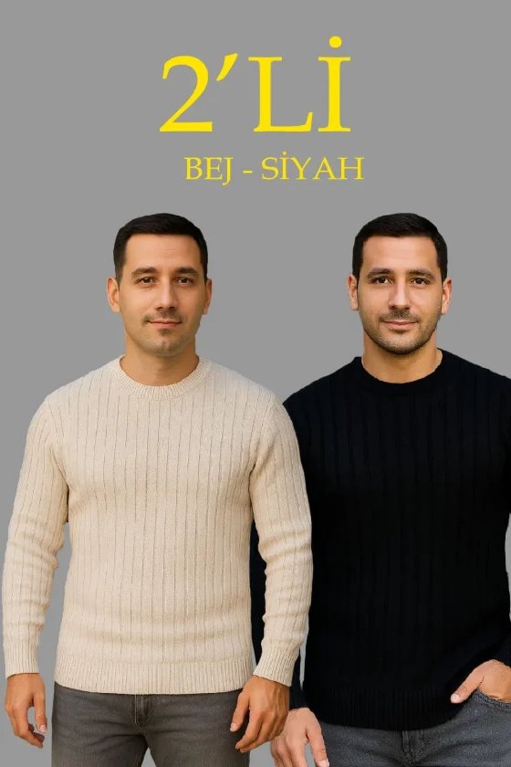 Erkek Fitilli Triko Kazak 2’li Set Bej Beyaz Kalın Dokuma Pamuklu Regular Fit Bisiklet
