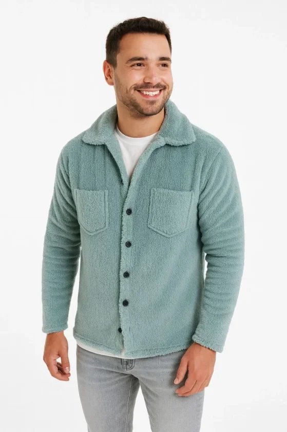 Erkek Pelüş Polar Hırka Gömlek Yakalı İlik Düğmeli Göğüs Cepli Yumuşak
