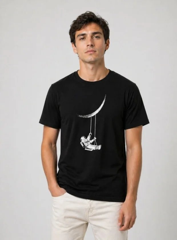 Erkek Astronot Ay Temalı Tişört Kısa Kol Yazlık Bisiklet Yaka T-Shirt