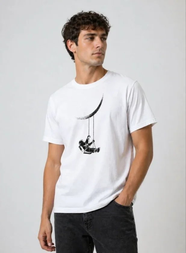 Erkek Astronot Ay Temalı Tişört Kısa Kol Yazlık Bisiklet Yaka T-Shirt