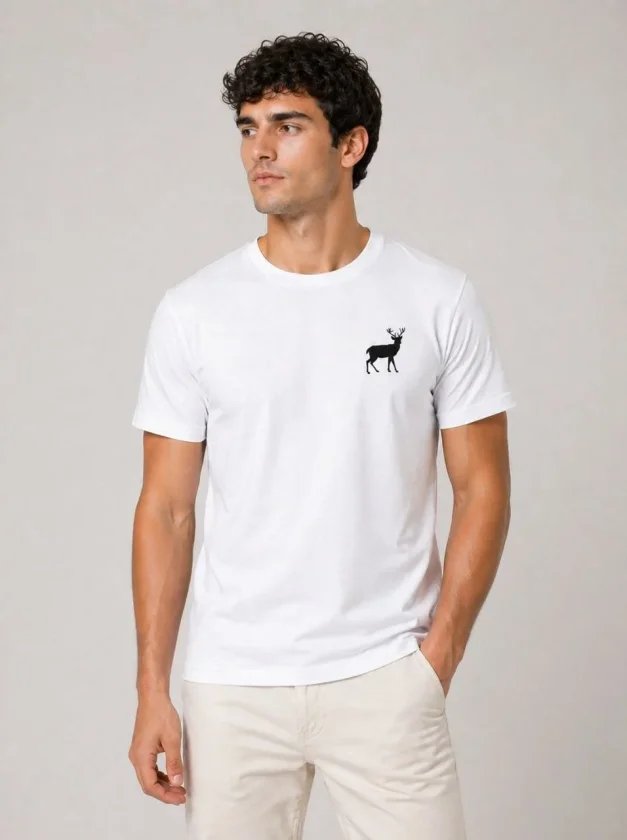 Erkek Minimal Geyik Logolu Tişört Bisiklet Yaka Kısa Kol Yazlık T-Shirt