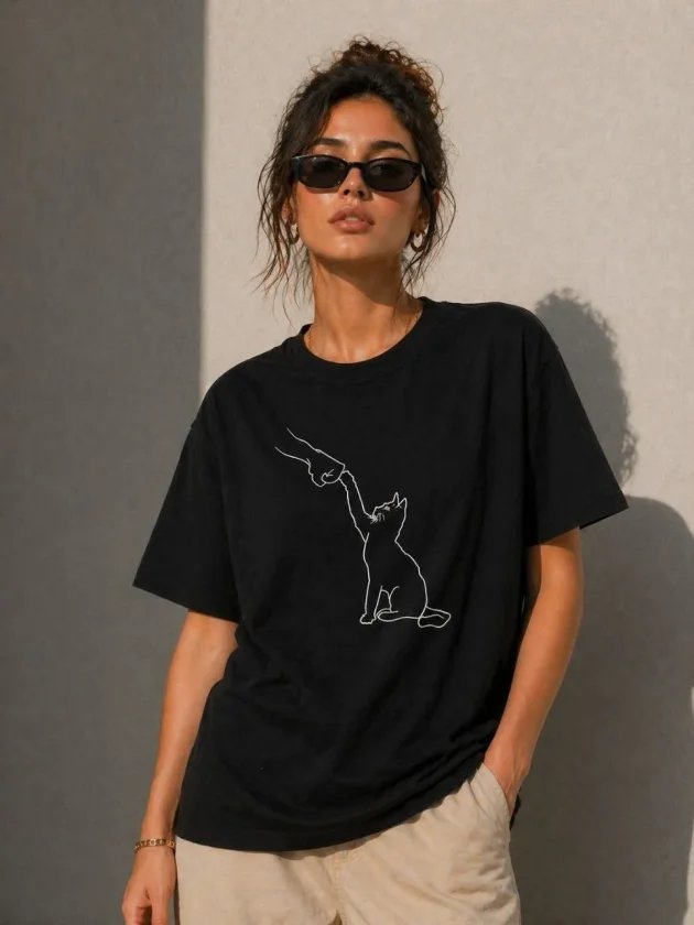 Minimal Kedi Çizim Baskılı Tişört Kısa Kol Yazlık T-Shirt