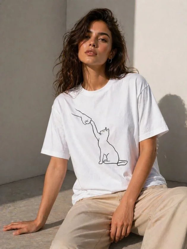 Minimal Kedi Çizim Baskılı Tişört Kısa Kol Yazlık T-Shirt