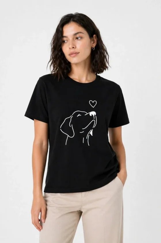 Köpek Figürlü Minimal Baskılı Tişört Kısa Kol Yazlık T-Shirt