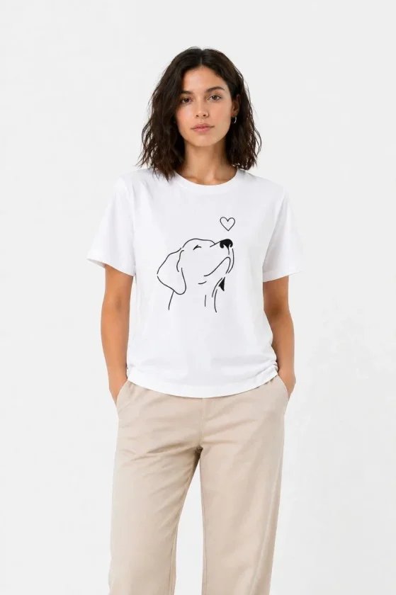 Köpek Figürlü Minimal Baskılı Tişört Kısa Kol Yazlık T-Shirt